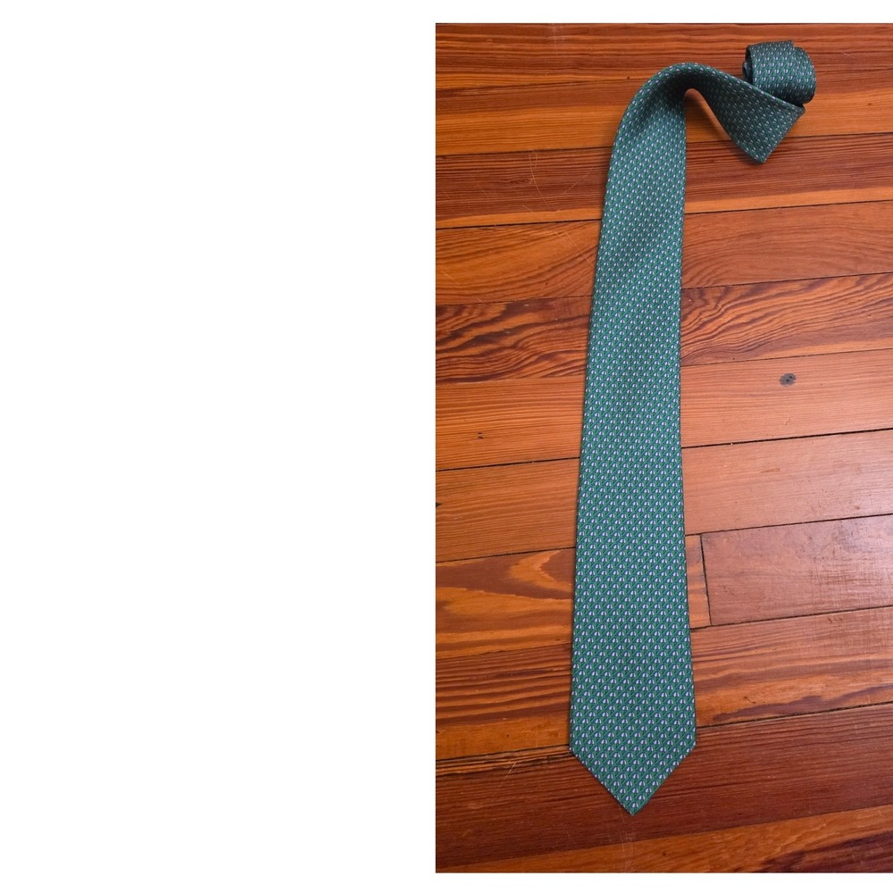 Hermes Paris Silk Tie Green Blue Umbrella Boot Print Made in France Mens Necktie
